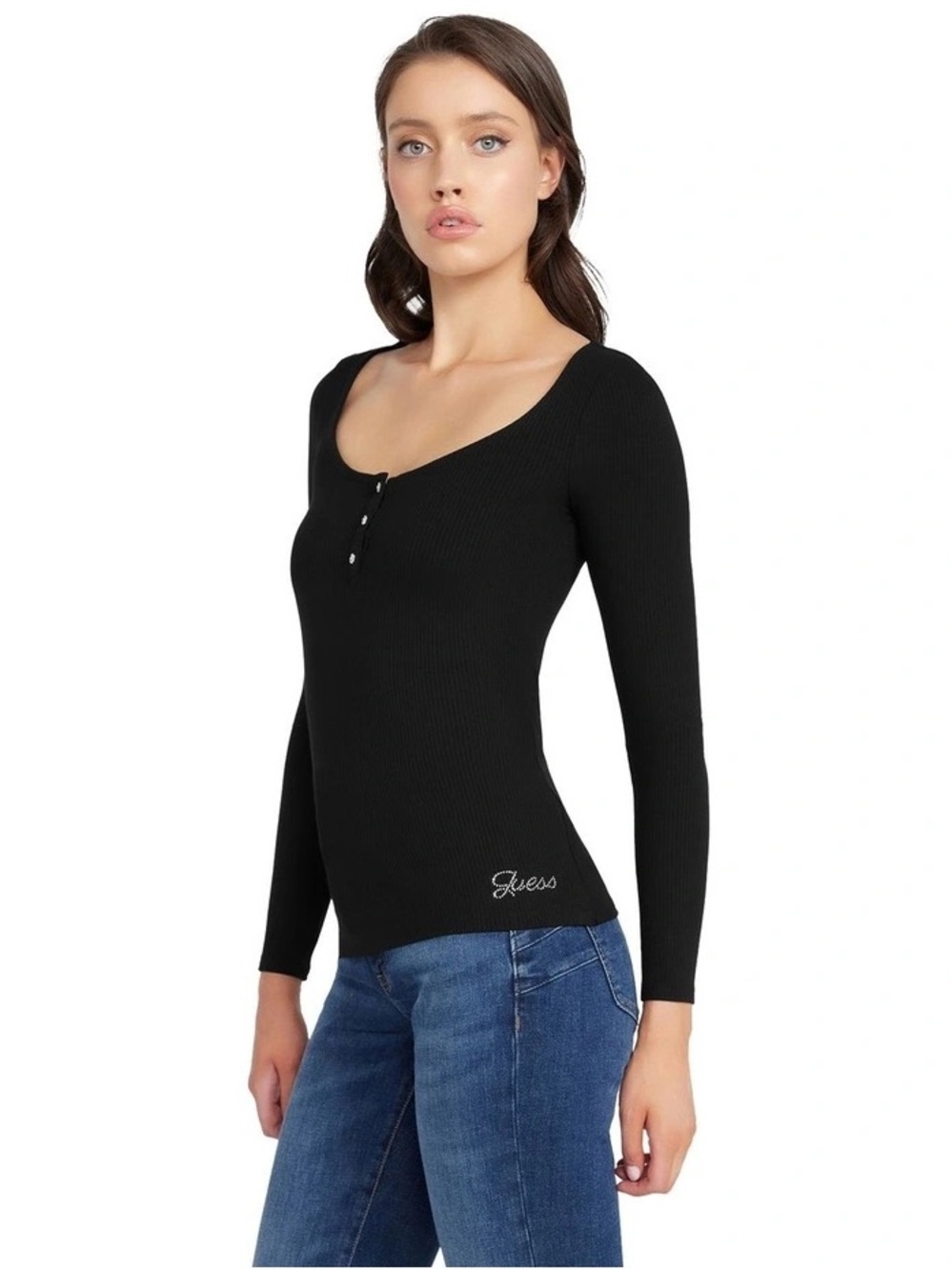 Guess Black Ribbed Scoop Neck Long-Sleeve Henley Top